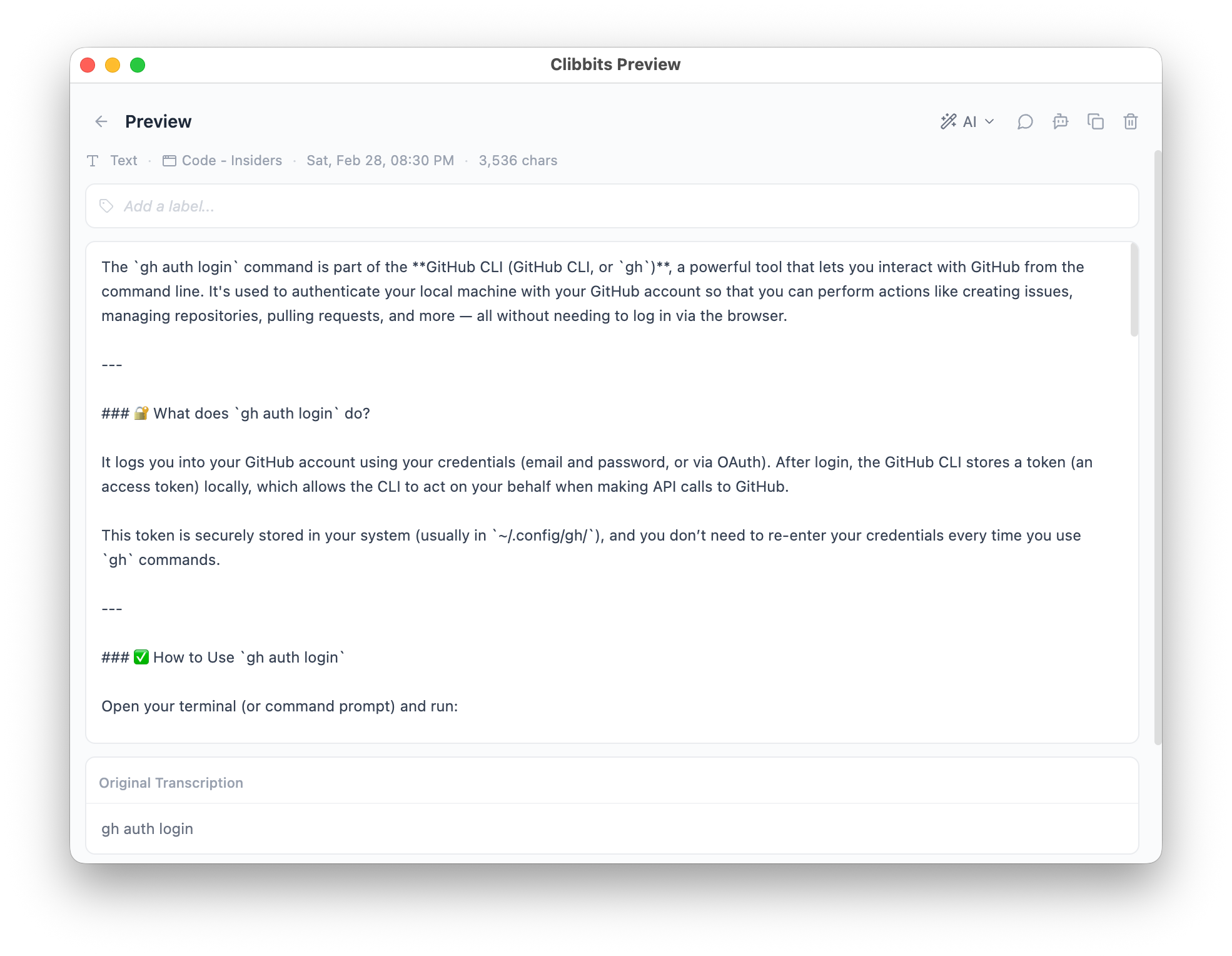 AI processing transforming clipboard text with a prompt