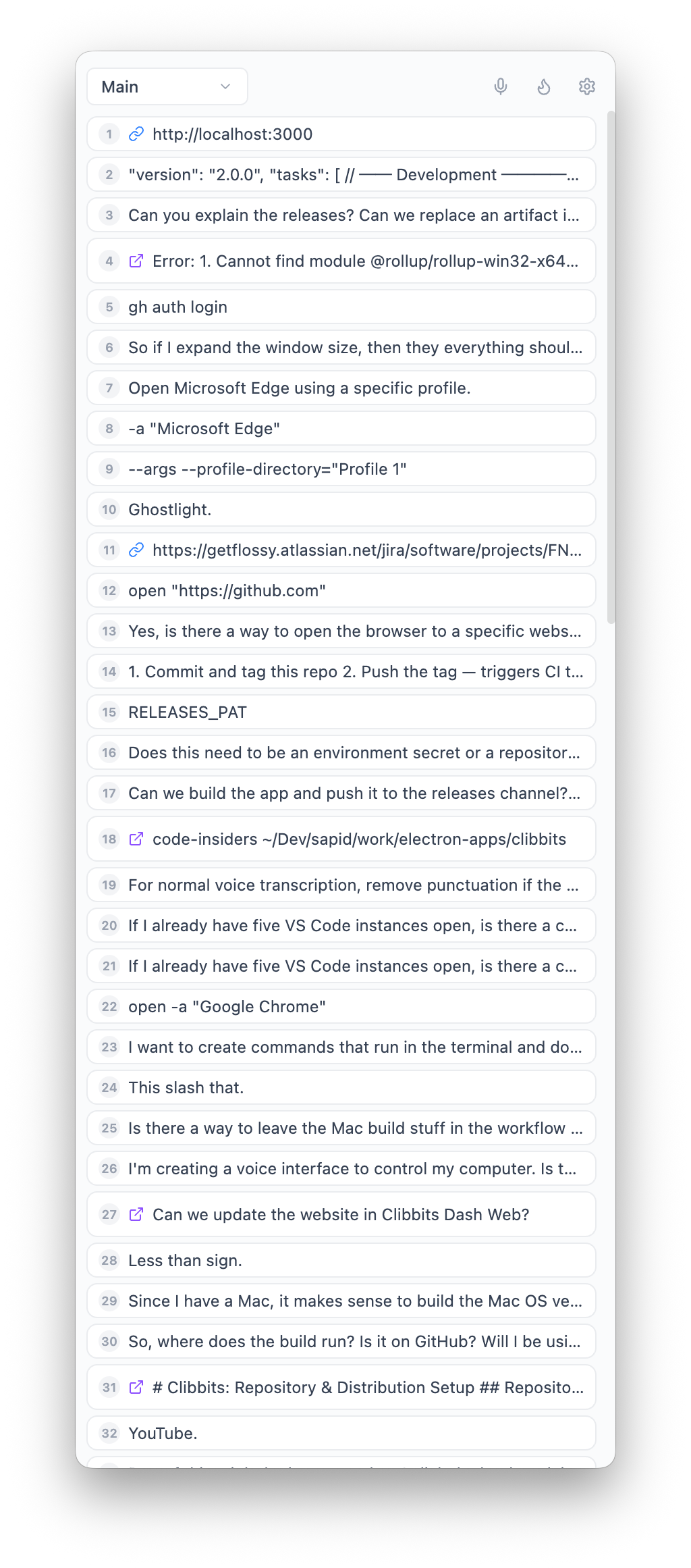 Clipboard history showing saved text snippets and images