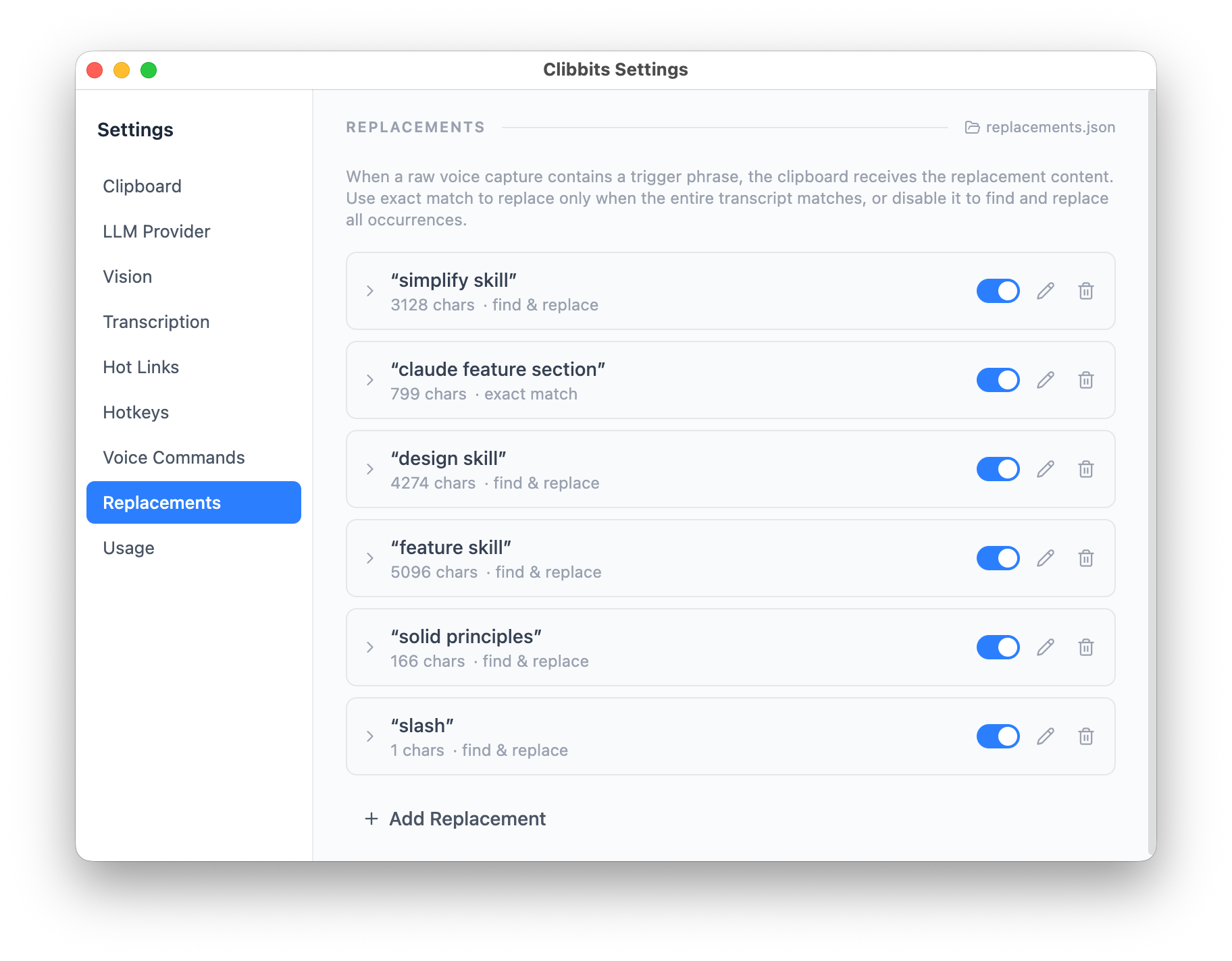Replacements settings showing trigger phrases and expanded content